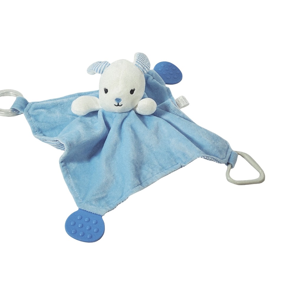 Modern‎ Baby Blue Puppy Lovey Security Blanket Teether Rattle Striped Seersucker